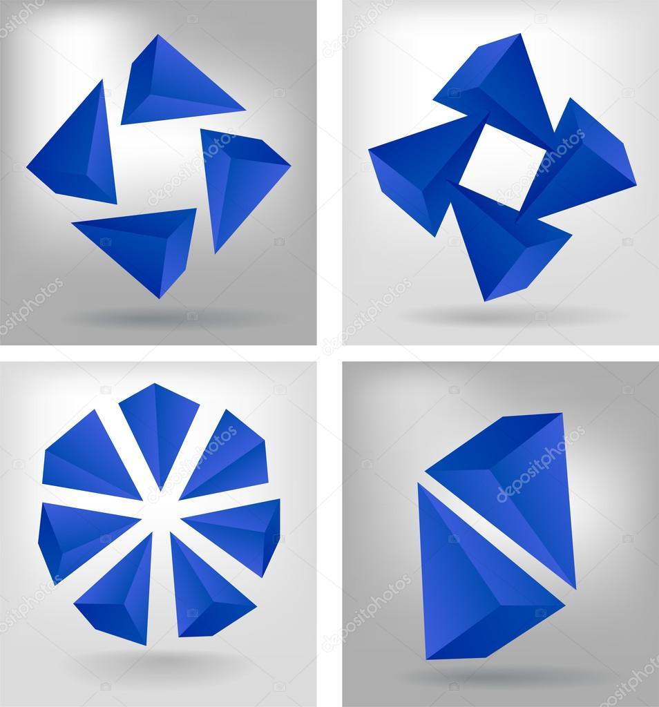 Cuatro composiciones geométricas del volumen azul de las pirámides. 