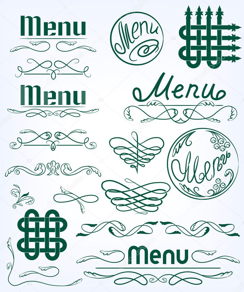 Set monograms , logos, menus, corners and borders.
