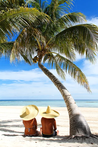 Tomar el sol en el resort. Pareja sentada en la playa bajo la palmera —  Fotos de Stock