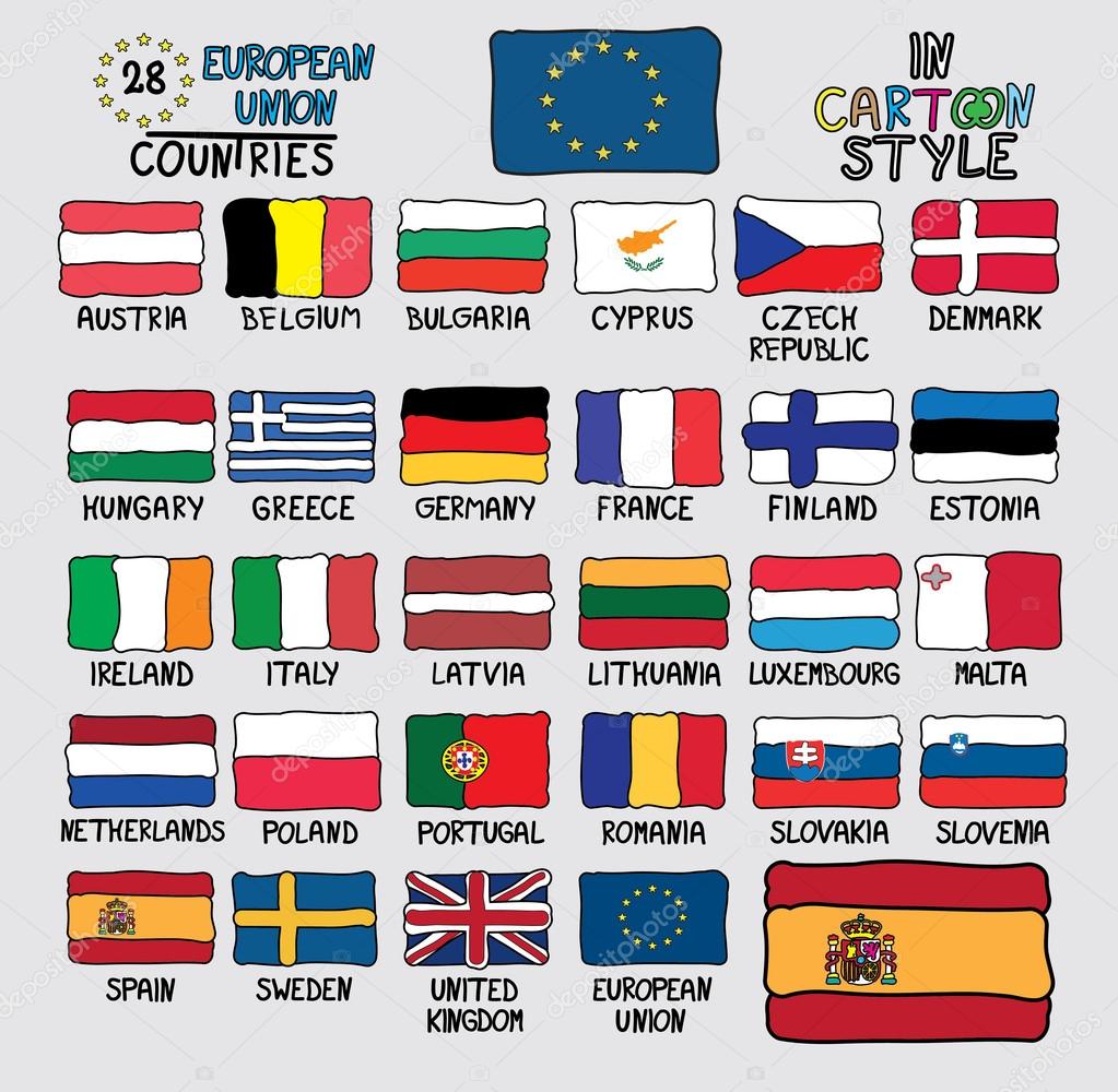 28 Flags of European Union Countries in Cartoon Style