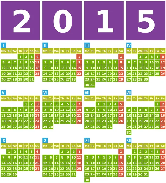 Calendário 2015 grande em design plano com ícones quadrados simples —  Vetores de Stock