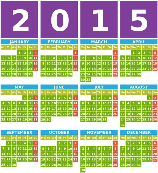 Calendário 2015 grande em design plano com ícones quadrados simples — Vetor de Stock