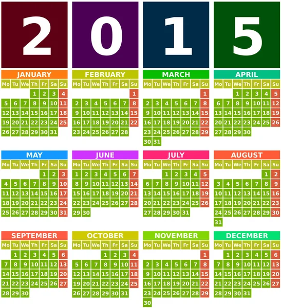 在平的设计与简单的正方形图标颜色的 2015年日历 — 图库矢量图片