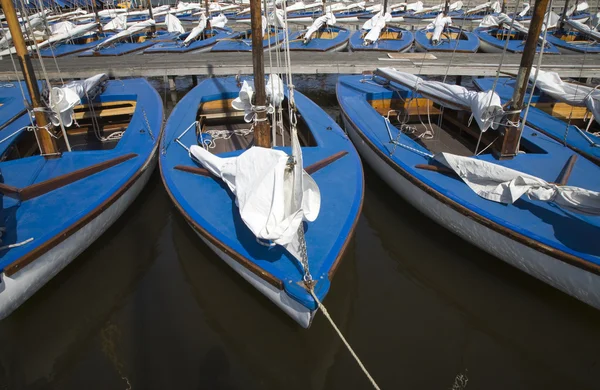 Wiele niebieski żaglówek i jachtów w marinie — Zdjęcie stockowe