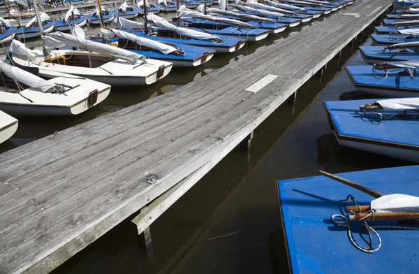 Wiele niebieski żaglówek i jachtów w marinie — Zdjęcie stockowe