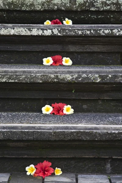 Escaleras balinesas decoradas con flores de kamboja —  Fotos de Stock