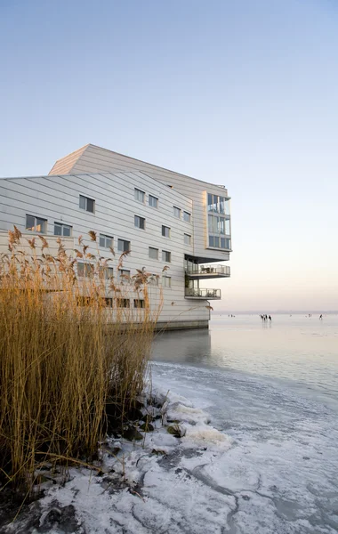 Sphinx apartamentos edificios en un paisaje de hielo Huizen, Países Bajos —  Fotos de Stock
