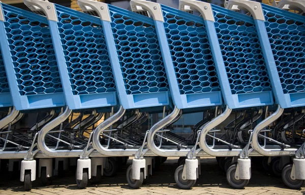 Blue plastic shopping carts in a row — Stock Photo, Image