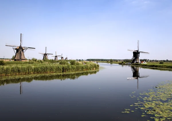 Holländska väderkvarnar i kinderdijk, holland — Stockfoto