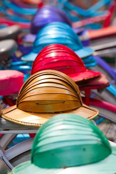 Casques tropicaux multicolores dans une rangée — Photo