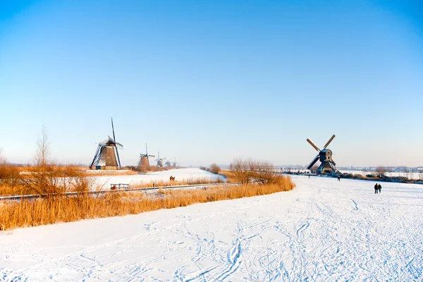 荷兰的历史性风车在风车村 — 图库照片