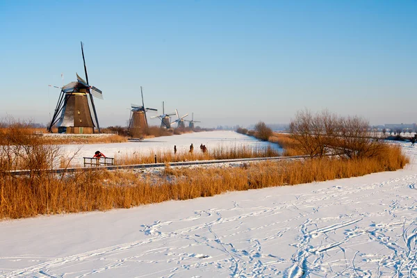 Holenderski zabytkowe wiatraki w kinderdijk — Zdjęcie stockowe