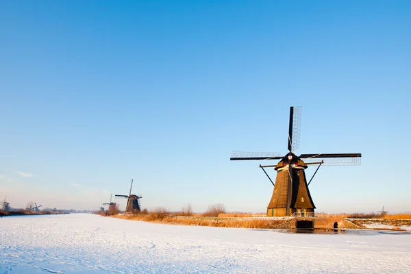 Moinhos de vento históricos holandeses em Kinderdijk — Fotografia de Stock