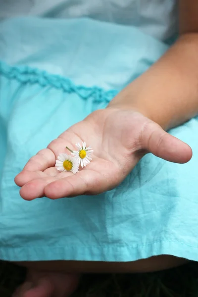 Una piccola mano con piccoli fiori — Foto Stock