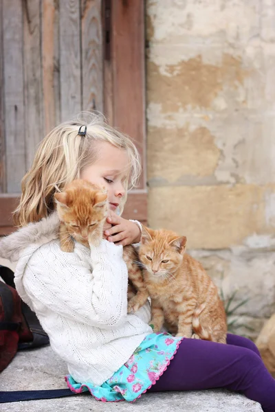 2 匹の子猫を持つ少女 ストック画像