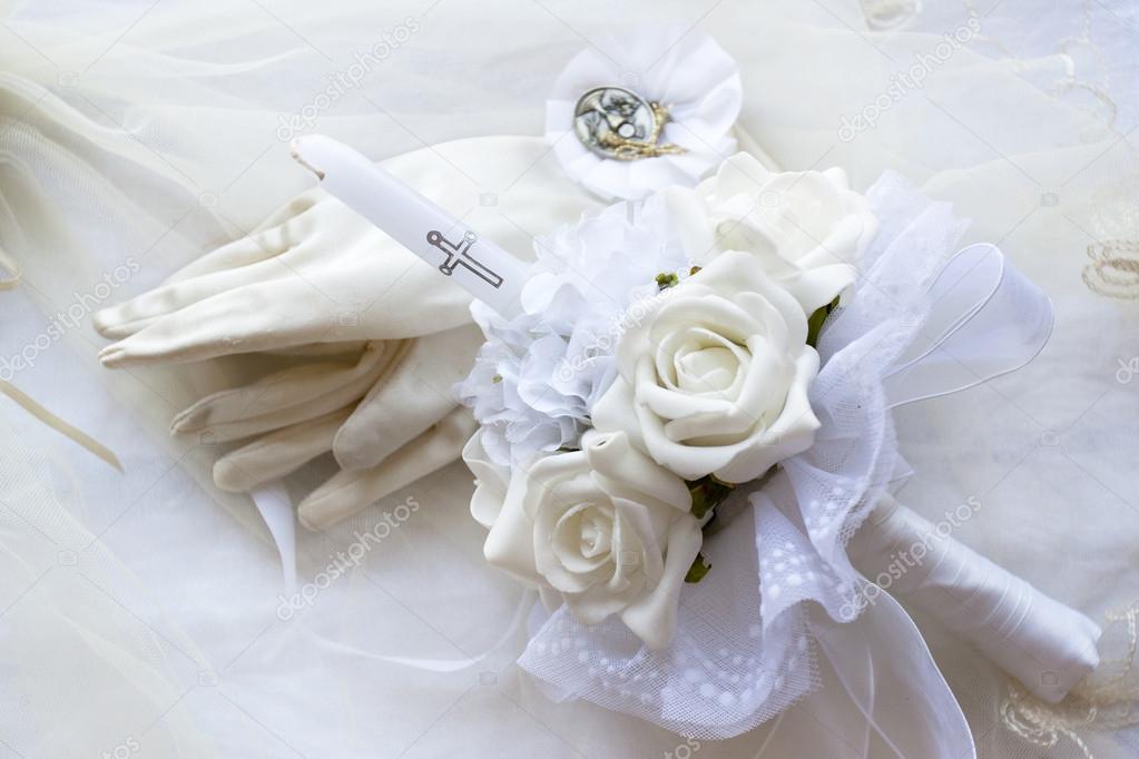 First holy communion candle gloves and medal