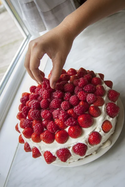 Aardbeien en framboos taart — Stockfoto