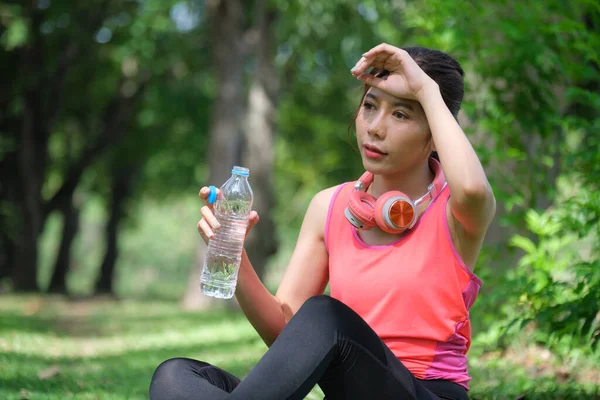 Asian Woman Doing Exercise Relax Pubic Park — Stock Photo, Image