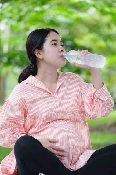 Pregnant Woman Her Friends Drinking Water Park — Stock Photo, Image