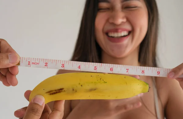 Sexy Woman Smiling Sweet Banana Measurement Tape — Stock Photo, Image