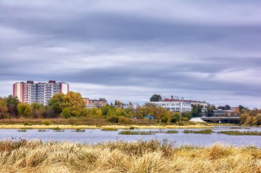 Sonbahar manzarası - ağaçlarla, çalılarla ve kasvetli hava evleriyle nehir ve kıyılar.