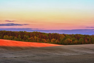 Günbatımı sürülmüş alanları ve orman içinde belgili tanımlık geçmiş.