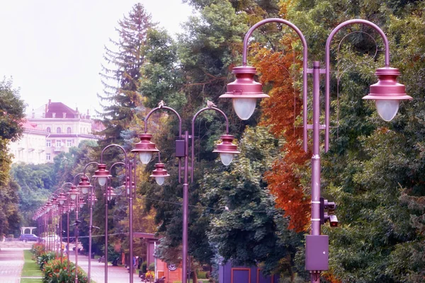 A row of lanterns on the central alley in the park of the city of Lutsk (Ukraine).