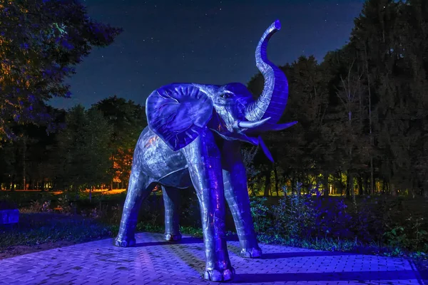Elefánt Alakjának Parkban Való Elhelyezését Egy Kék Lámpás Világítja Meg — Stock Fotó