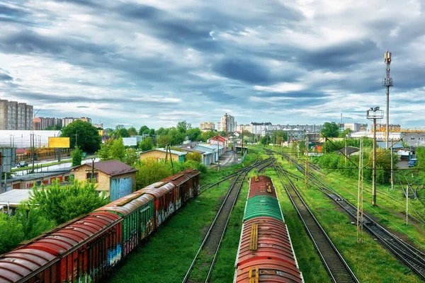 Railway Junction Middle City Buildings Gloomy Weather Dawn — Stock Photo, Image