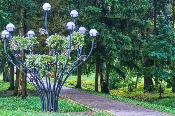 Dekoratív Világítás Lámpák Közelében Macskaköves Sikátor Parkban — Stock Fotó