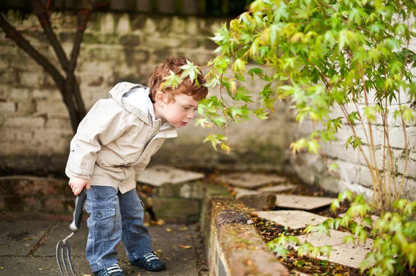 Carino ragazzo gadening in la sua indietro cortile — Foto Stock