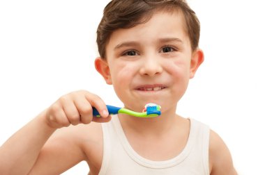 Child brushing teeth isolated clipart