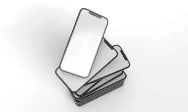 İzometrik dikdörtgenlerin boş boşluklu üç boyutlu bir uzayda telefon simülasyonu çizimi. Uygulamalar için rock yapmak için farklı bakış açıları ve görüşler.