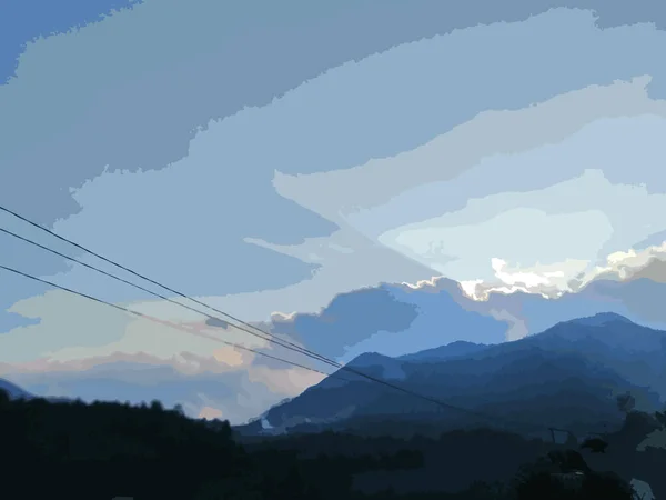 Ilustração Vetorial Belas Paisagens Nuvens Montanha Pôr Sol — Vetor de Stock