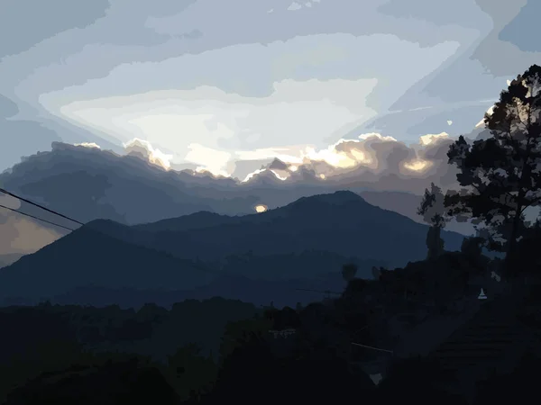 Vector Illustration Beautiful Mountain Scenery Sunset — Vettoriale Stock