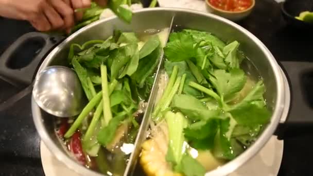 Sukiyaki Nebo Shabu Míchaná Zelenina Hrnci Vařící Polévky — Stock video