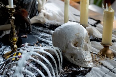 Kopya alanı üzerinde kabak konsepti olan seramik kafatası.