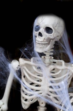 Siyah arkaplanda kopya alanı olan Cadılar Bayramı insan iskeleti