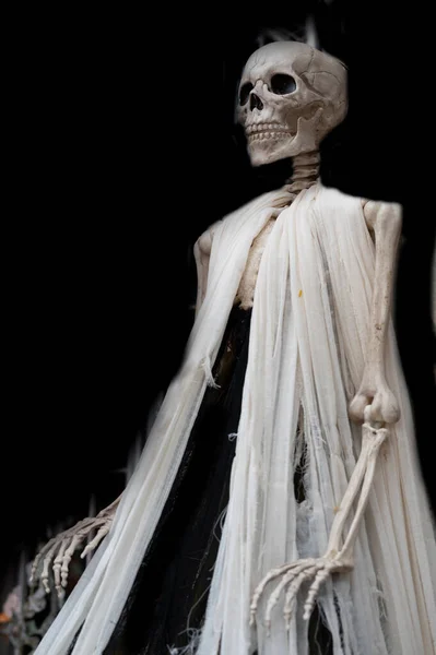 Halloween Mänskliga Skelett Med Kopia Utrymme Svart Bakgrund — Stockfoto