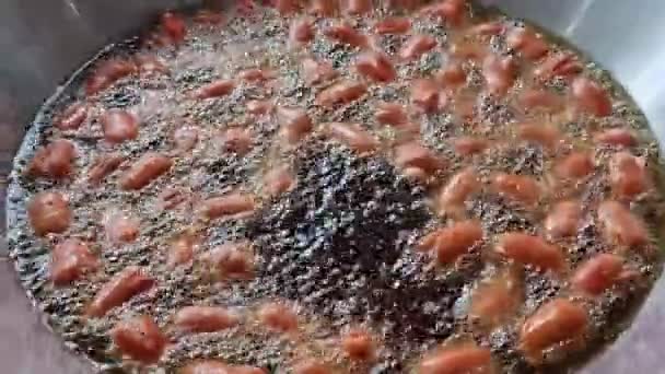 Nombreuses Saucisses Sont Frites Dans Huile Bouillante Sur Une Poêle — Video