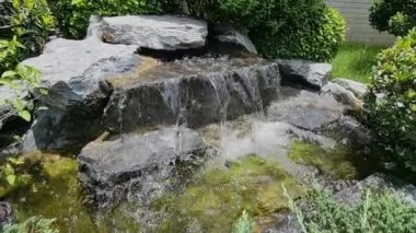 Doğal arka planı olan küçük bir bahçede yapay bir şelale.