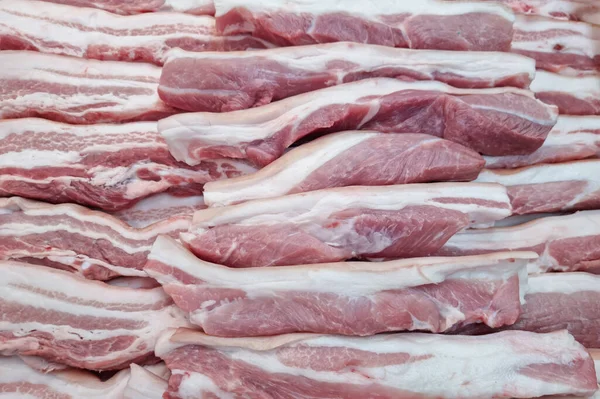 Muchos Trozos Carne Cerdo Roja Fresca Fondo Comida Elija Enfoque — Foto de Stock