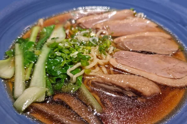 Food Duck Noodles Duck Blood Boiled Brown Herbal Broth — Stock Photo, Image