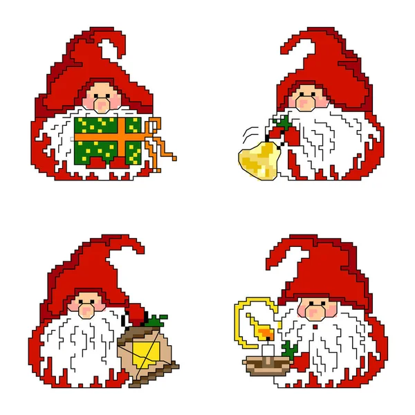Набор Рождественских Гномов Пиксельная Графика Элемент Декора — стоковый вектор