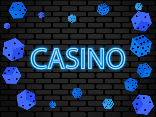 Sinal Néon Casino Fundo Tijolo Decorado Com Dados Jogos Azar — Vetor de Stock