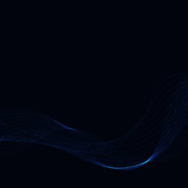 3d parçacıkları ağ dizisi, ses dalgaları koyu arkaplanda akıyor. Parlak noktalar vektör etkisi illüstrasyonu.