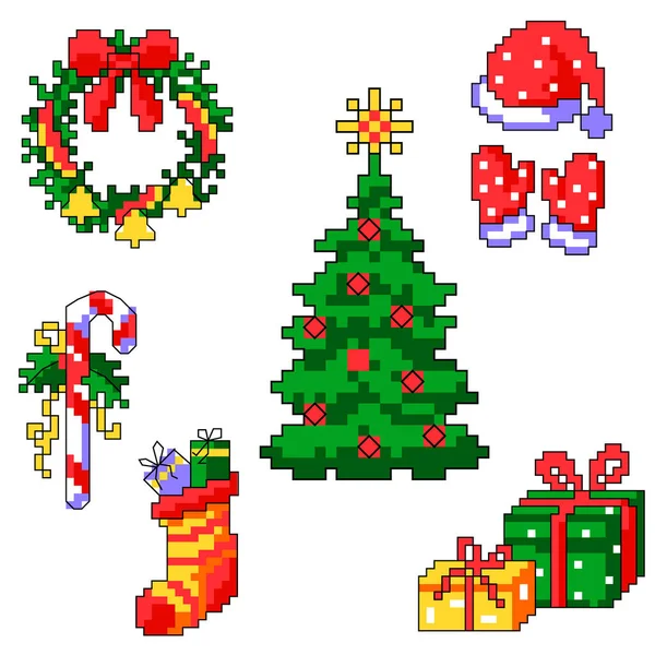Egy Csomag Szilveszteri Kellékek Újévi Koszorú Karácsonyfa Ajándékok Zokni Ajándékokkal — Stock Vector