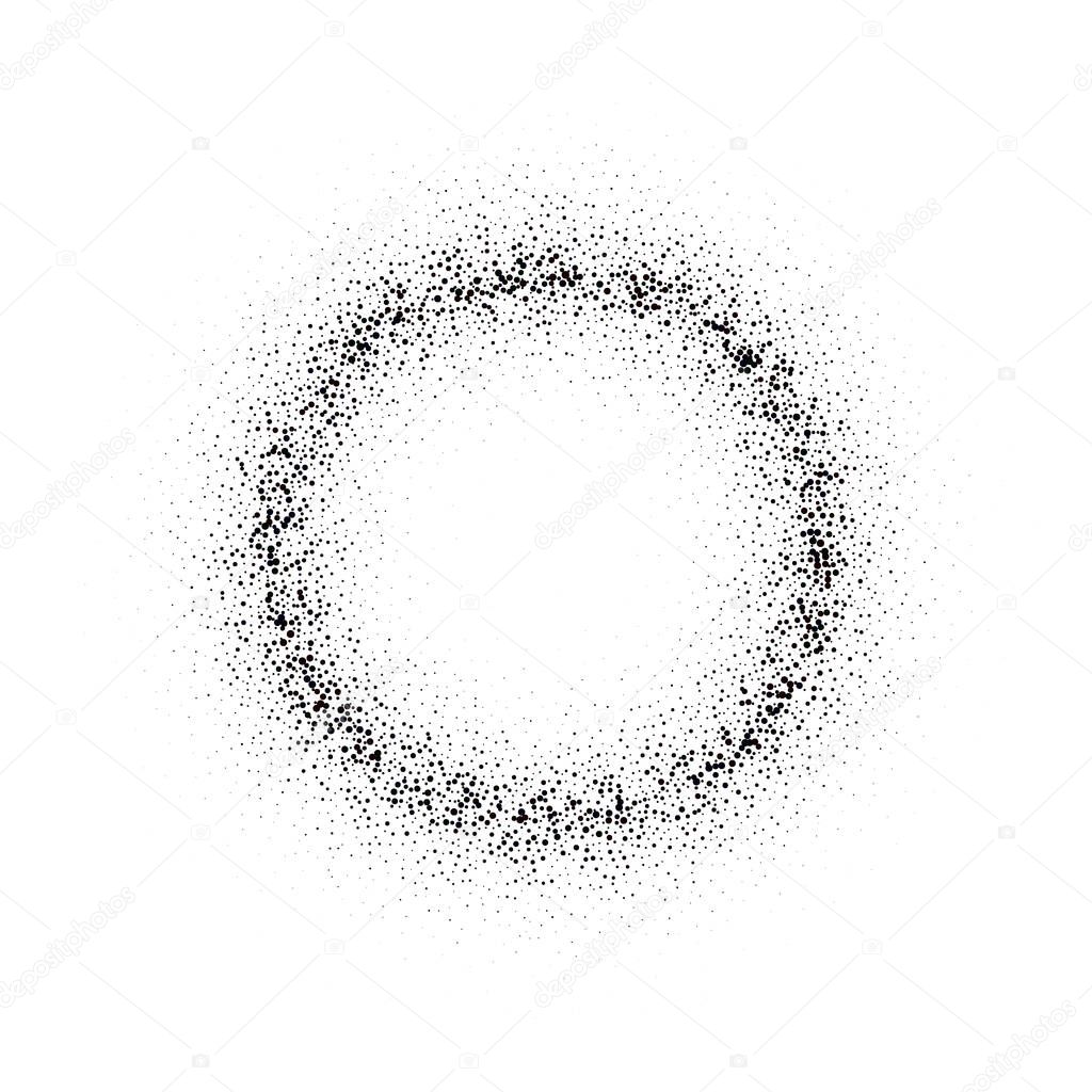 Abstract vector dark gray round ash particles on a white background distributed in a circle. Spray effect.