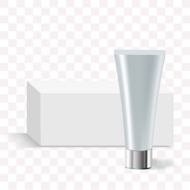 Gölgeli plastik kozmetik tüp. Yatay olarak, gölgeli ambalaj kutusu hazırlıyorum. Vektör illüstrasyonu.