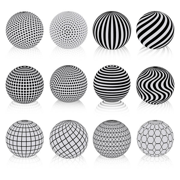 Set of minimalistic halftone spherical isolated vector symbols with decor. Striped, dotted and checkered 3d spheres, abstract spherical balls with geometric patterns. Design elements.